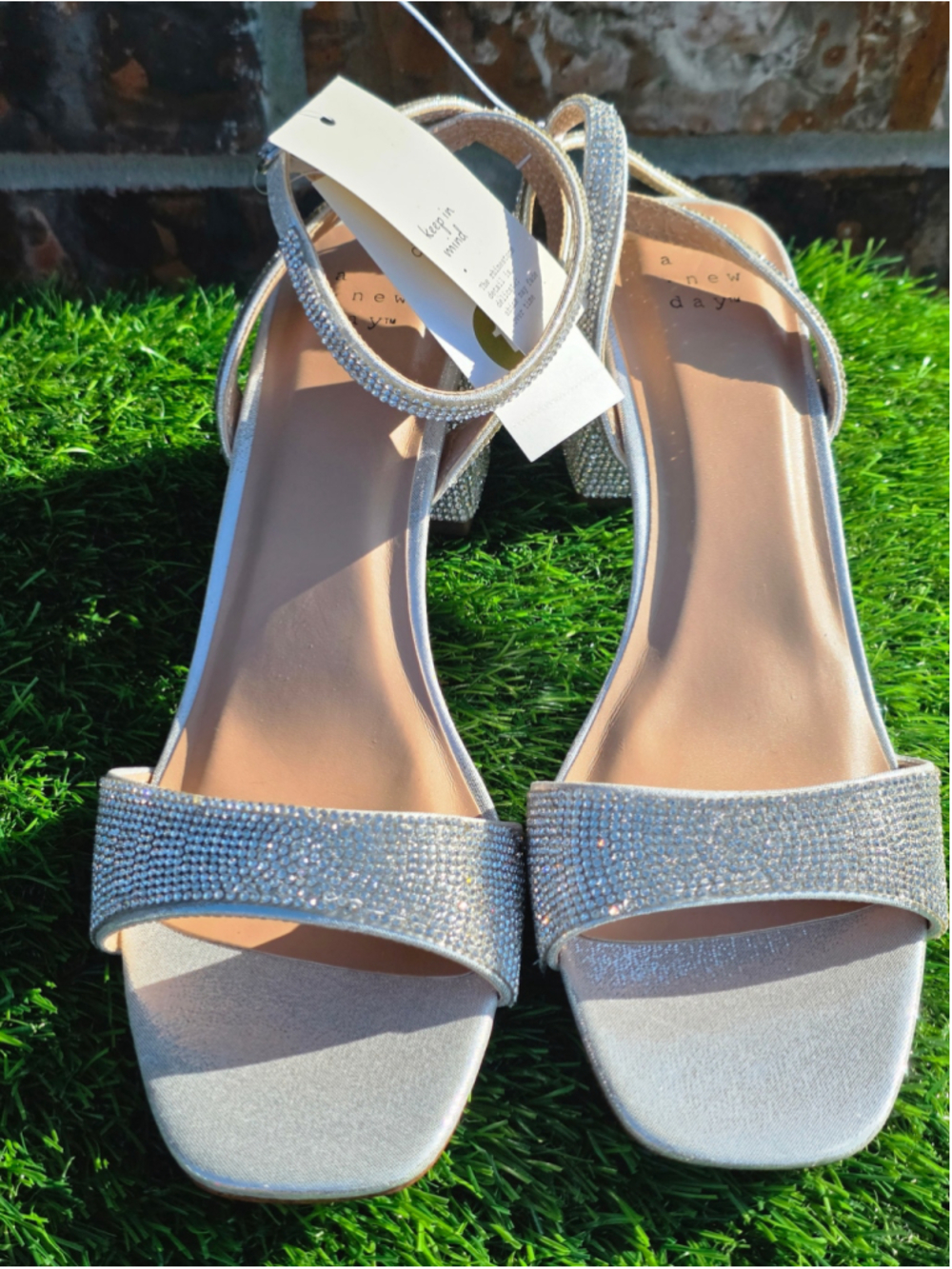 A New Day Silver Rhinestone Block Heel Sandals Women's Size 11